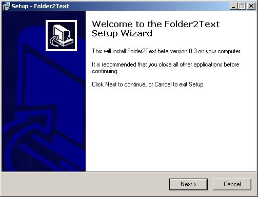 Folder2text installatie welkomscherm