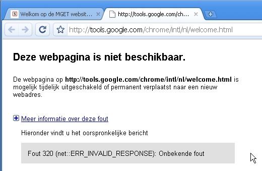 De welkom pagina van Google Chrome wordt niet getoond.