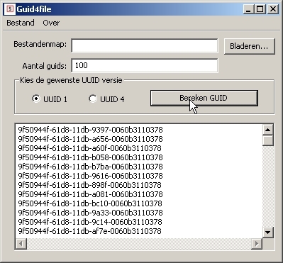 Een voorbeeld van Guid4File en 100 guids UUID versie 1.