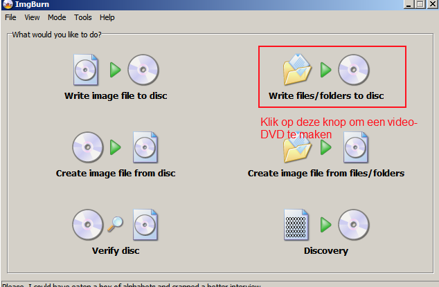 screenshot van imgburn ez-picker scherm en de knop omlijnd voor het maken van video dvd's.