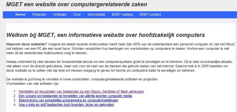 Screenshot van de website MGET van 2005-2010.
