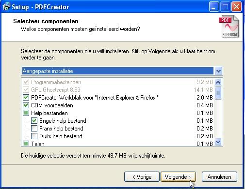 PDF Creator componenten selectie.