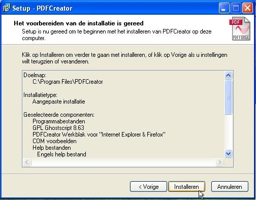 PDF Creator treft installatie voorbereidingen.