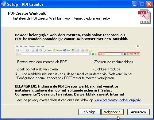 PDF Creator werkbalk installatie.